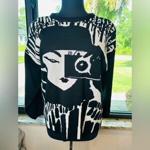 TIGI Black White Knit Wool Blend Photograph Sweater Size Small